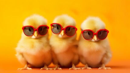 three lovely little baby chicks with oversized sunglasses on yellow background