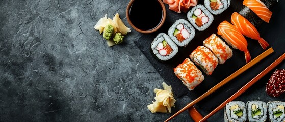 Elegant Japanese Sushi Assortment on Black Slate

