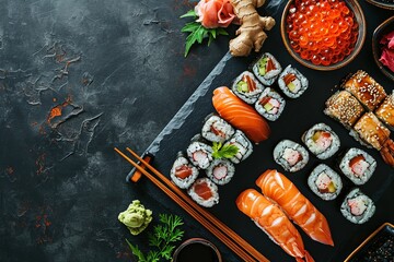 Obraz na płótnie Canvas Elegant Japanese Sushi Assortment on Black Slate