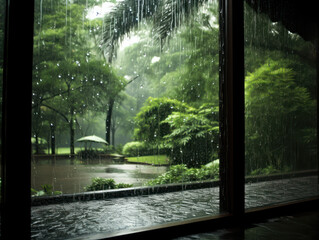 Rainy from a modern house with glass partitions, rural atmosphere with greenery in the yard
