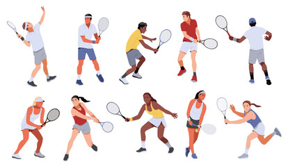 Lawn tennis people. Professional athletes in uniform, men and women with rackets, dynamic poses, batting and serving ball. Competition and hobby cartoon flat isolated tidy vector set