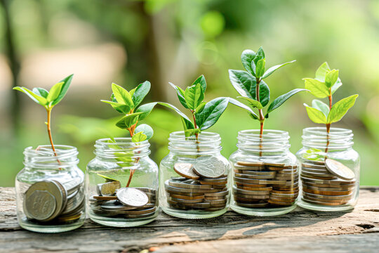 Financial business background. Planting a tree on a coin bottle and wood floor. Financial and investment growth ideas.