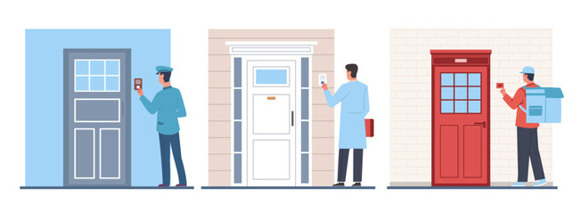 Letter carrier, doctor and delivery man ring doorbell. Men in uniform near door, pushing button. Ding dong. Male characters near house or apartment door. Cartoon flat isolated vector set - obrazy, fototapety, plakaty
