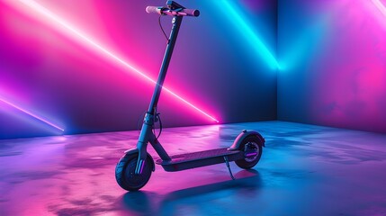 Electric scooter on neon background with copy space