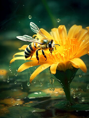 Honeybee's Delicate Dance on a Dewy Flower Created with Generative AI Technology