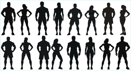 Bodybuilder man and woman silhouette set, Body builder flexing and lifting weights, Man and woman standing vector silhouette set