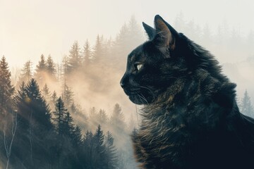 Obraz premium silhouette of Cat in double exposure of forest mountains