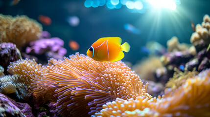 Naklejka na ściany i meble Beautiful tropical aquarium fishes at seabed background, Colorful Coral reef landscape in the deep of ocean, Underwater world scene