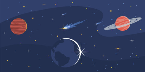 Space with planets, stars and meteorites. Saturn and mars in black sky, cosmic exploration background, universe discovery banner. poster or wall art. Cartoon flat isolated vector concept