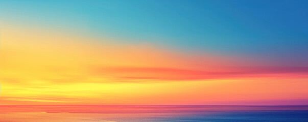 Blue, orange, yellow, vibrant Fantasy panoramic sunset sky - Gradient rich colors - ethereal dreamy summer sunset or sunrise sky. Uplifting and peaceful sky. Horizon dreamy view of the ocean sea