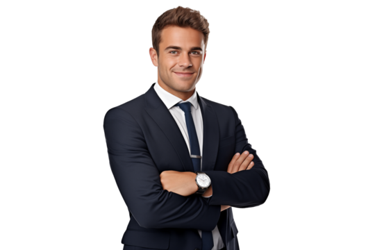 Portrait of a young businessman in suit with arms crossed smiling on a cut out PNG transparent background. Salesman in a suit