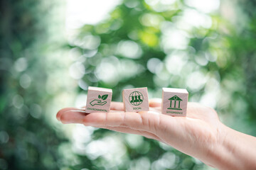 Hand holding wooden cubes. ESG Concepts on Environment, Society and Governance green wooden block...