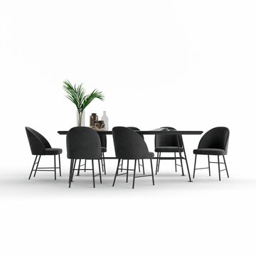 3D Rendering Of A Dining Room Table With Chairs On A White Background