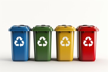 Colorful recycle bins with recycle symbol on white background
