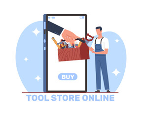 Tool store online, hand holds out toolbox to employee. Huge smartphone screen. Internet shopping. Salesman and craftsman buying construction equipment. Cartoon isolated vector concept