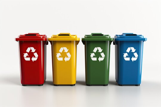 Colorful recycle bins with recycle symbol on white background
