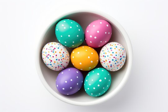 Colorful easter eggs in bowl on white background