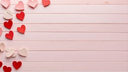 Top View, Light Pink Wooden Background, Small Red Heart Paper Cutouts, Web Banner, Copy Space