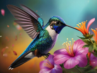 Obraz premium Hummingbird flying on flowers.