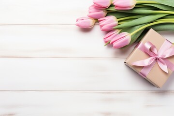 Flat lay of gift box with ribbon bow and bouquet of tulips on wooden background. Mother's Day concept
