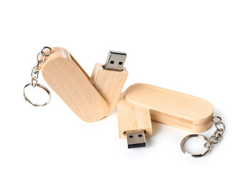 Wooden USB flash drives isolated on white background