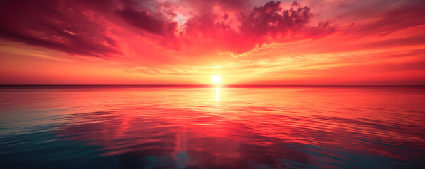 Red, orange and yellow sunset over the sea - Fantasy vibrant panoramic sunset sky - Gradient rich colors - ethereal dreamy summer sunset or sunrise sky. Uplifting and peaceful sky. - obrazy, fototapety, plakaty
