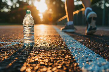 Close-Up of Transparent Water Bottle with Blurred Runner on Race Track in Public Park - obrazy, fototapety, plakaty