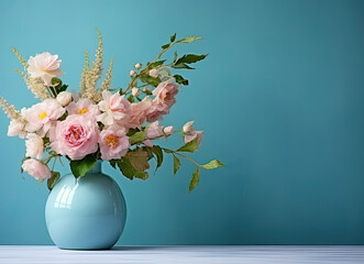 Blue Vase With Pink Flowers on Table