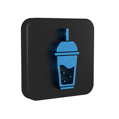 Blue Glass of lemonade with drinking straw icon isolated on transparent background. Black square button.