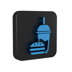 Obraz premium Blue Paper glass with drinking straw and burger icon isolated on transparent background. Soda aqua drink sign. Hamburger, cheeseburger sandwich. Black square button.