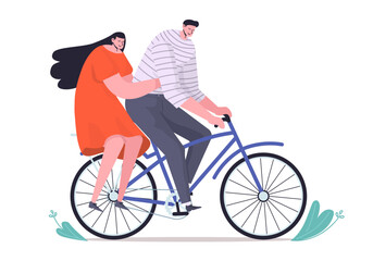 Cute vector illustration of couple on one bicycle. Man and woman riding together