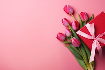 Fototapeta premium Flat lay of gift box with ribbon bow and bouquet of tulips on pink background. Mother's Day concept