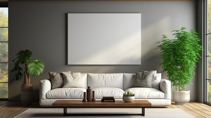 Bright living room interior with white sofa and plants