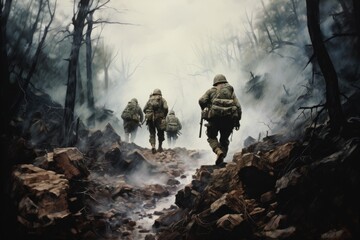 War Concept. Military silhouettes fighting scene on war fog sky background, A battalion of World War II American soldiers hiking across a harsh terrain, AI Generated - obrazy, fototapety, plakaty