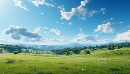 Fototapeta premium landscape green meadow with hills and blue sky with clouds