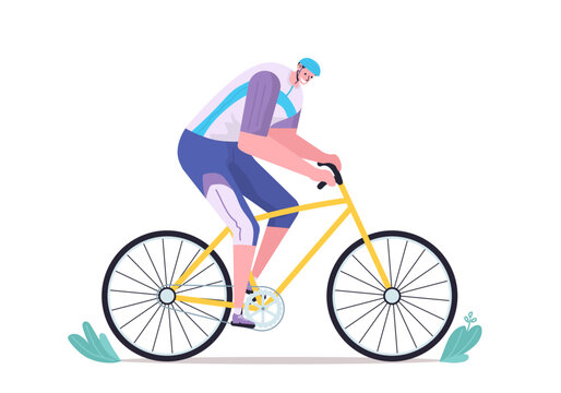 Cute vector illustration of young man ride on bike in helmet and sport suit