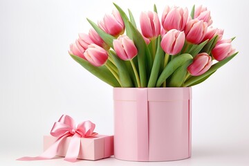 Gift box with ribbon bow and bouquet of tulips on white background. Mother's Day concept