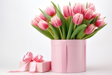 Fototapeta premium Gift box with ribbon bow and bouquet of tulips on white background. Mother's Day concept