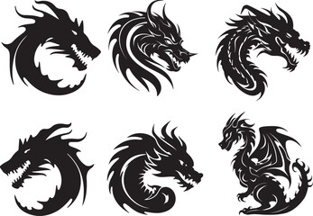 Black and white vector dragons icon set, dragon silhouettes, epic dragon logo