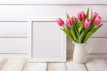 Blank photo frame with bouquet tulip flowers on wooden background