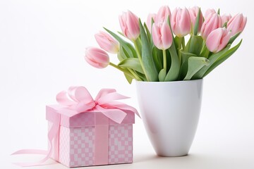 Obraz premium Gift box with ribbon bow and bouquet of tulips on white background. Mother's Day concept