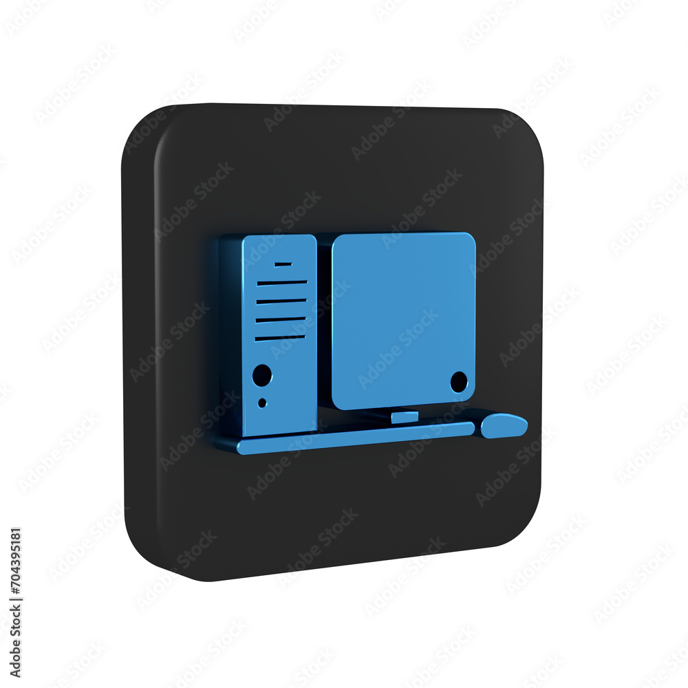 Poster blue computer monitor with keyboard and mouse icon isolated on transparent background. pc component 