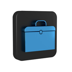 Blue Briefcase icon isolated on transparent background. Business case sign. Business portfolio. Black square button.