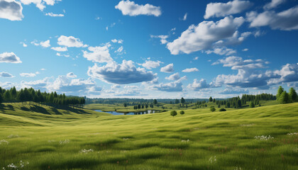 Fototapeta na wymiar landscape green meadow with hills and blue sky with clouds