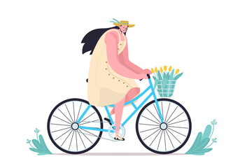 Cute smiling girl wearing a dress riding bicycle with yellow flower bouquet in front basket. Funny happy young woman on bike colorful vector illustration