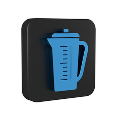 Blue Measuring cup to measure dry and liquid food icon isolated on transparent background. Plastic graduated beaker with handle. Black square button.