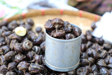 Pile of waternut or Chinese water chestnut in galvanized glass for sale in the market in the north of Thailand
