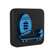 Blue Soccer or football shoes with spikes icon isolated on transparent background. American football boot and ball. Black square button.