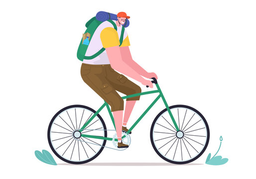 Funny smiling man with backpack ride on bicycle. Vector illustration of tourist on bike