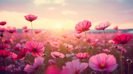 landscape nature background of beautiful pink and red flowers in sunset